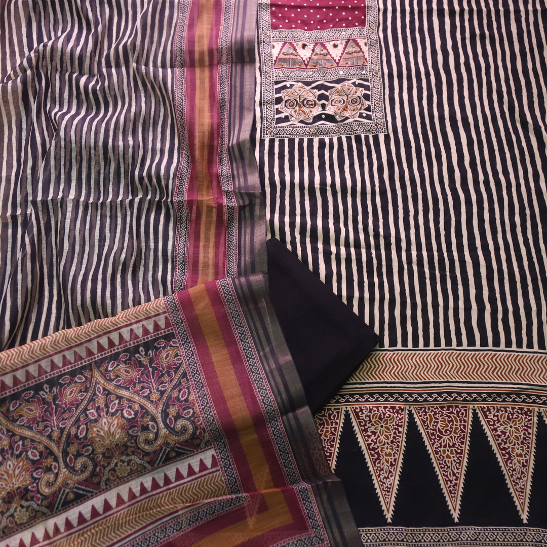 Ramaya Oil Black French Knot Patch Print in Stripe Printed Cotton Suit Set