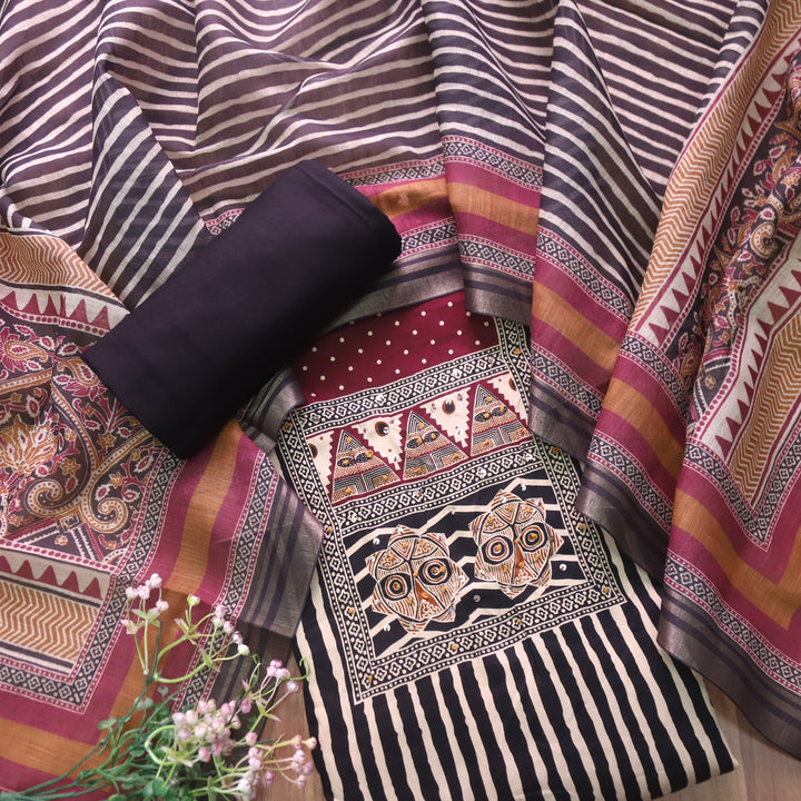 Ramaya Oil Black French Knot Patch Print in Stripe Printed Cotton Suit Set