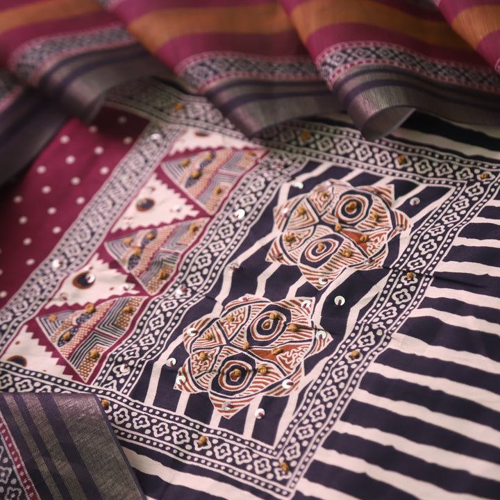 Ramaya Oil Black French Knot Patch Print in Stripe Printed Cotton Suit Set