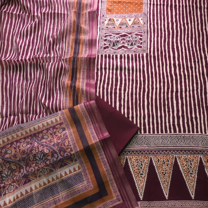 Ramaya Burgundy Plum French Knot Patch Print in Stripe Printed Cotton Suit Set