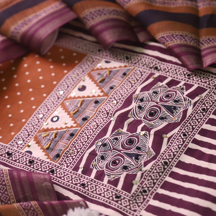 Ramaya Burgundy Plum French Knot Patch Print in Stripe Printed Cotton Suit Set