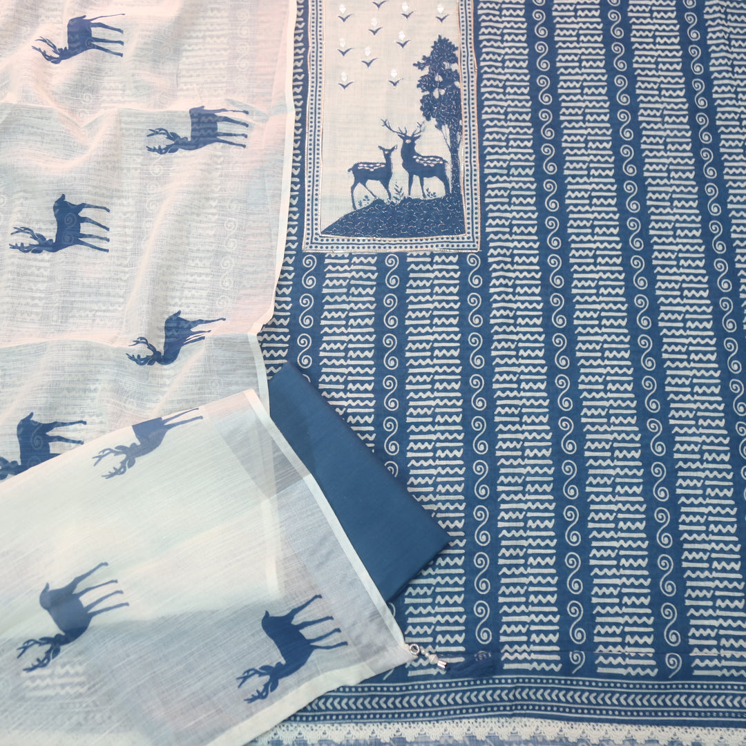 Rasiya Cerlean Blue Printed Neck with Mirror and Zari detailing Cotton Linen Set