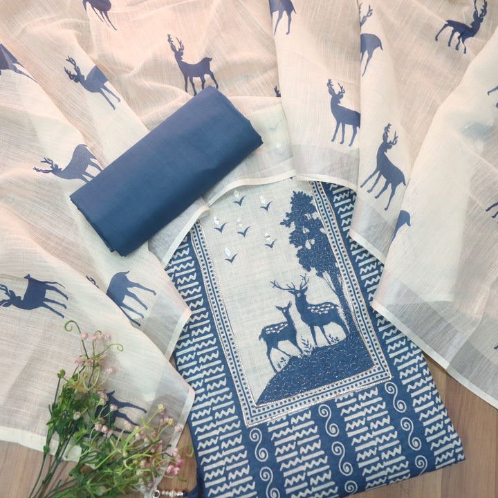 Rasiya Cerlean Blue Printed Neck with Mirror and Zari detailing Cotton Linen Set