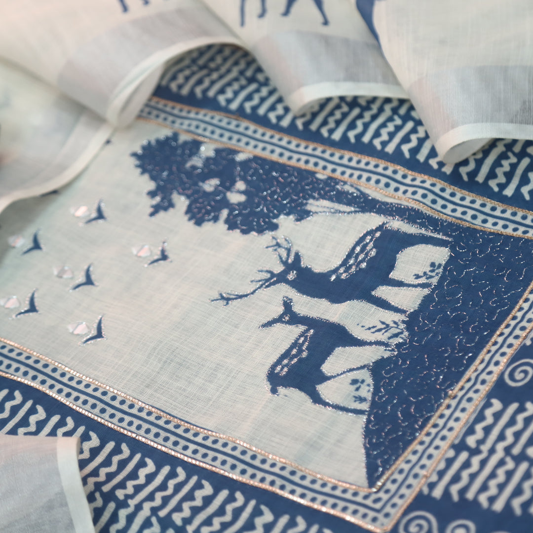 Rasiya Cerlean Blue Printed Neck with Mirror and Zari detailing Cotton Linen Set