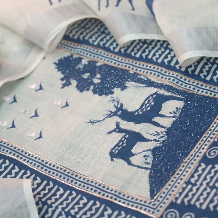 Rasiya Cerlean Blue Printed Neck with Mirror and Zari detailing Cotton Linen Set