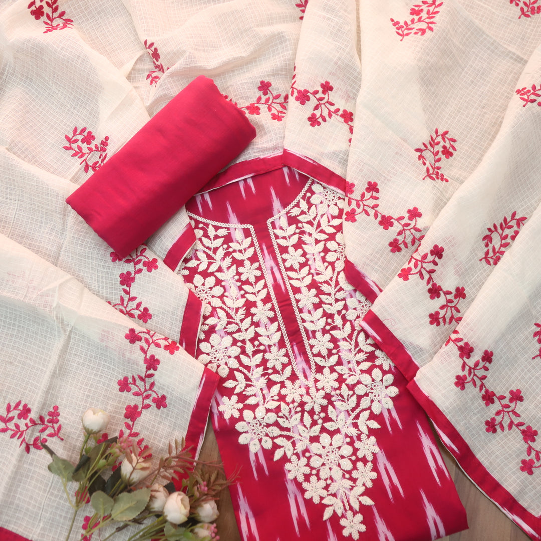 Dhaang Rani Pink Chikankari Inspired Neck Work Ikkat Print Cotton Suit Set
