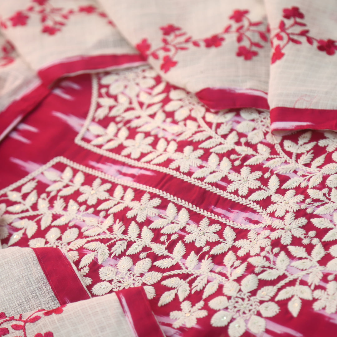 Dhaang Rani Pink Chikankari Inspired Neck Work Ikkat Print Cotton Suit Set