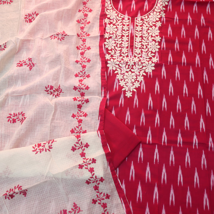 Dhaang Rani Pink Chikankari Inspired Neck Work Ikkat Print Cotton Suit Set