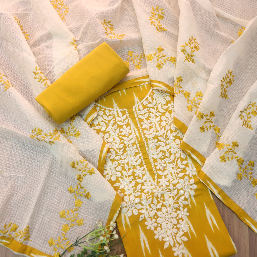 Dhaang Corn Yellow Chikankari Inspired Neck Work Ikkat Print Cotton Suit Set