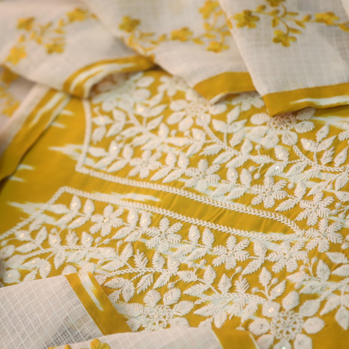 Dhaang Corn Yellow Chikankari Inspired Neck Work Ikkat Print Cotton Suit Set