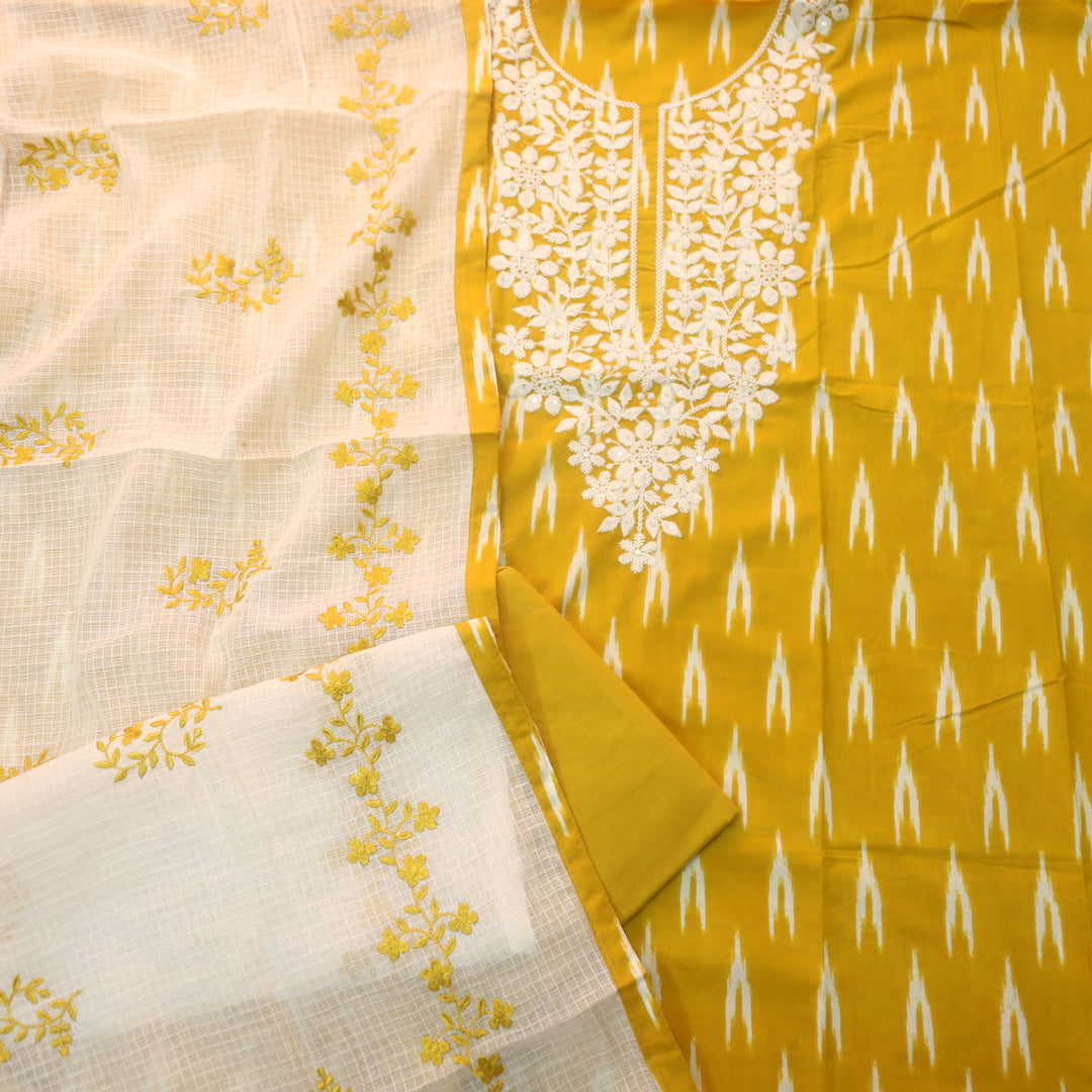 Dhaang Corn Yellow Chikankari Inspired Neck Work Ikkat Print Cotton Suit Set