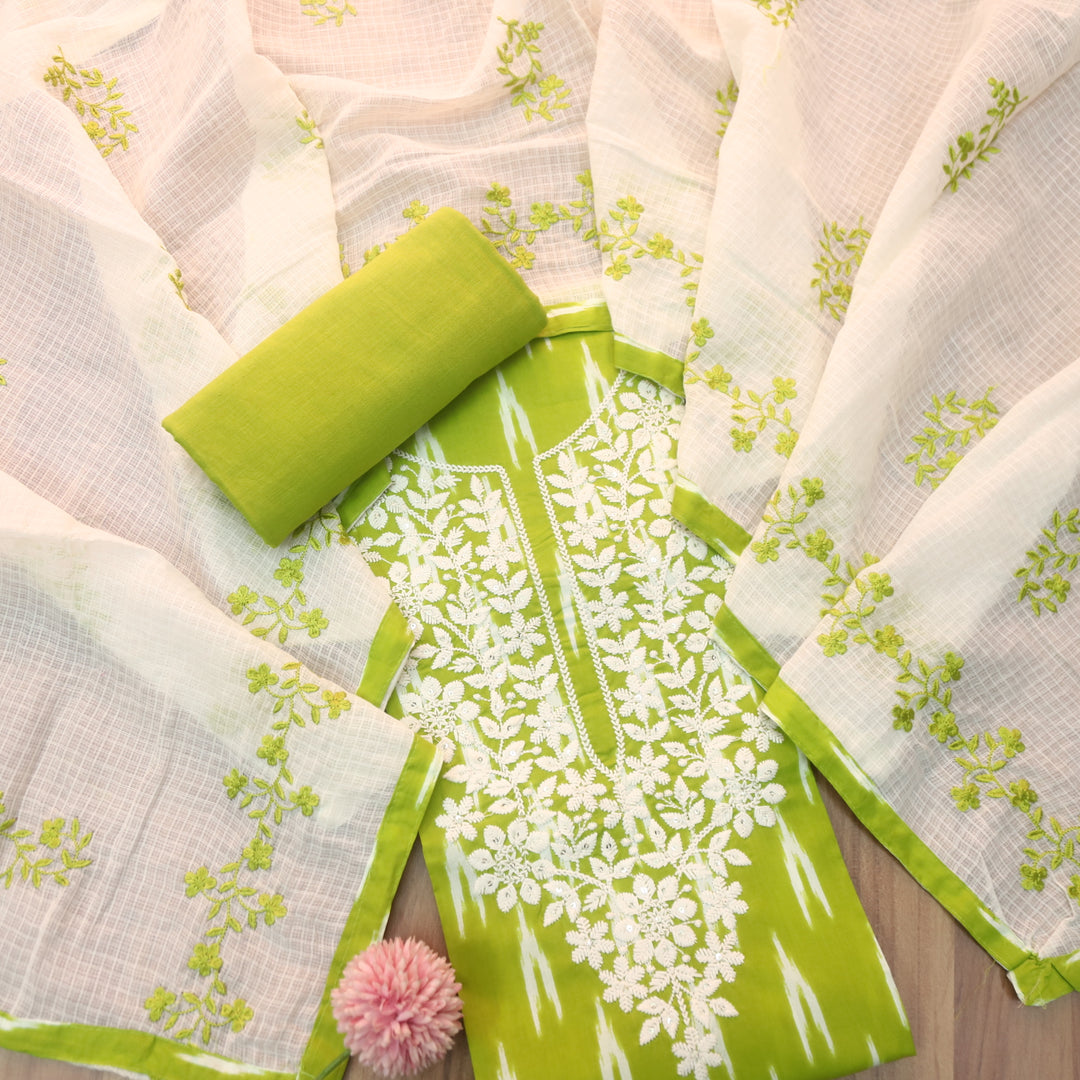 Dhaang Parrot Green Chikankari Inspired Neck Work Ikkat Print Cotton Suit Set