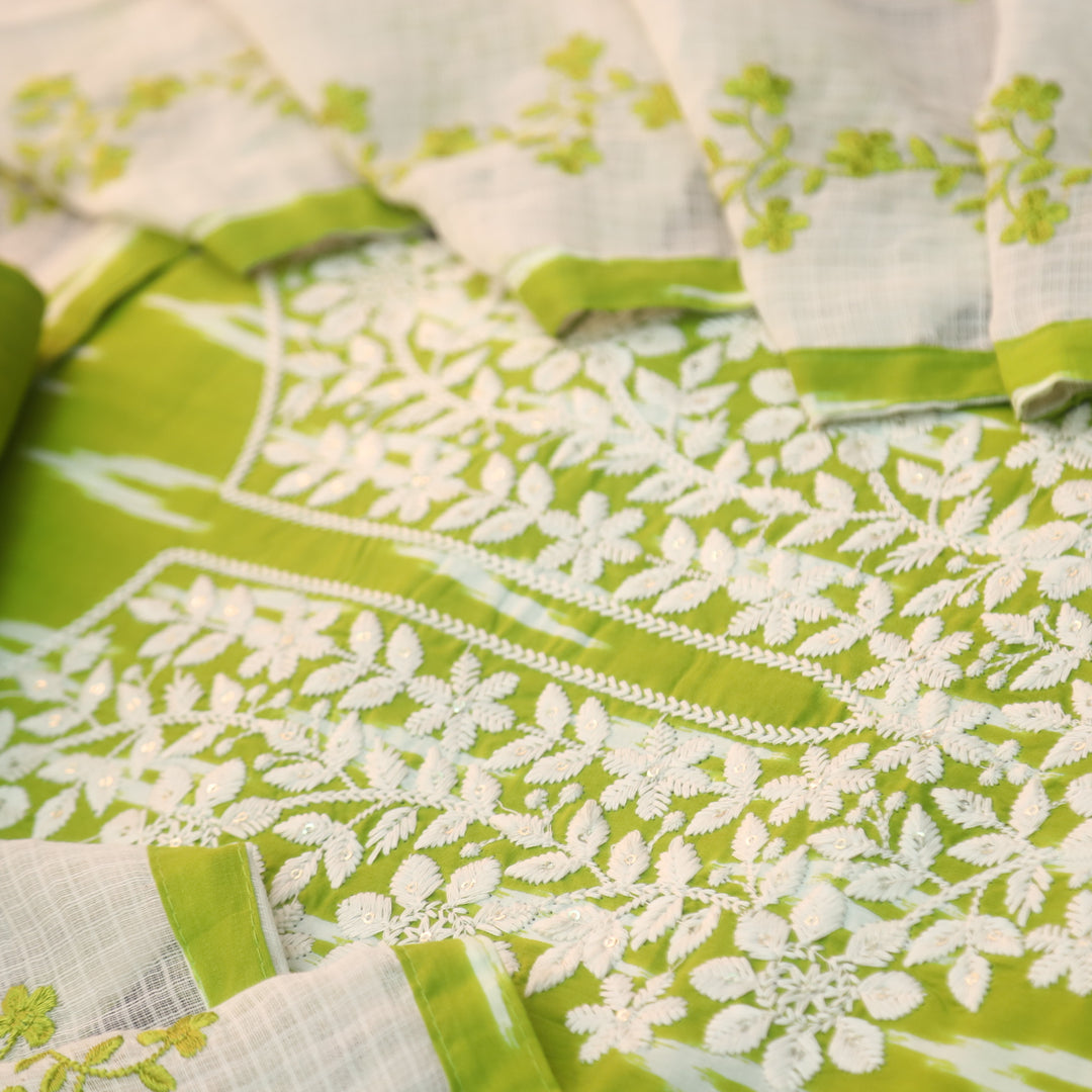 Dhaang Parrot Green Chikankari Inspired Neck Work Ikkat Print Cotton Suit Set
