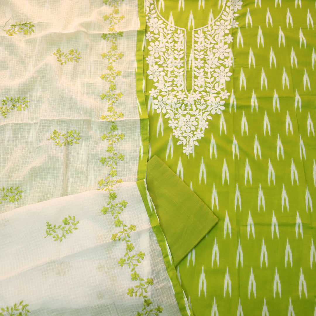 Dhaang Parrot Green Chikankari Inspired Neck Work Ikkat Print Cotton Suit Set
