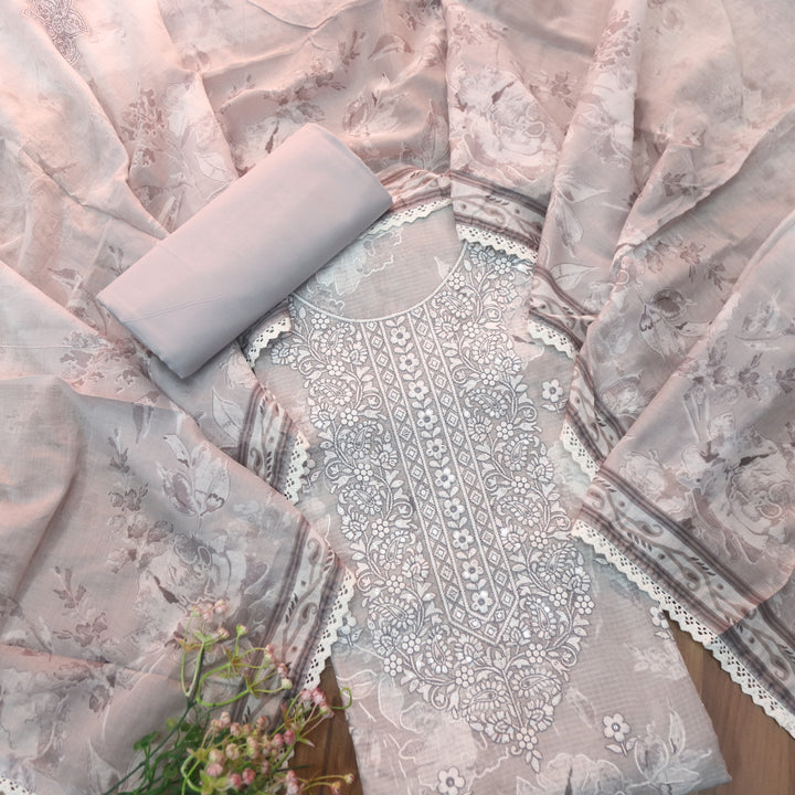 Noor Stone Grey Thread Embroidered Neck Work Kota Doriya Suit