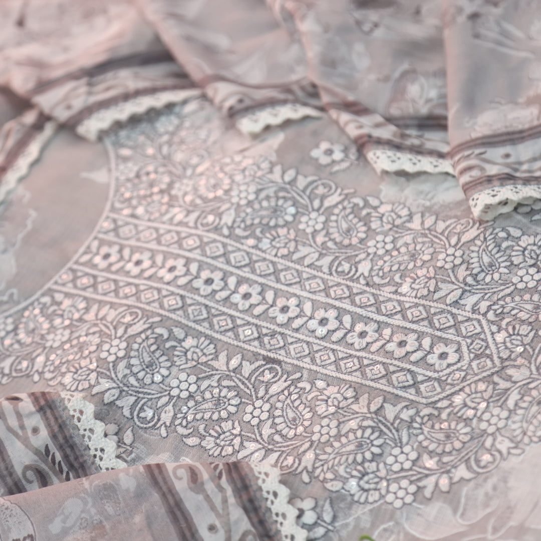 Noor Stone Grey Thread Embroidered Neck Work Kota Doriya Suit