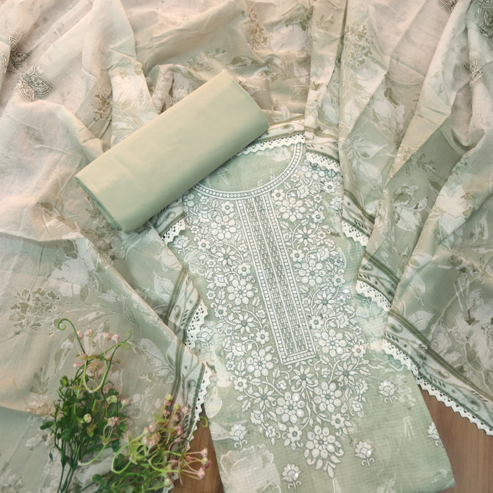 Noor Sage Green read Embroidered Neck Work Kota Doriya Suit