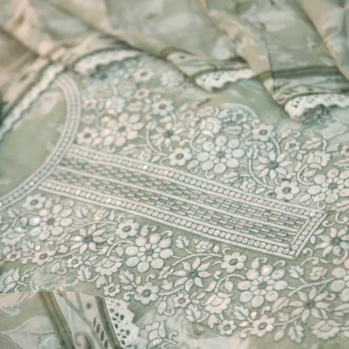Noor Sage Green read Embroidered Neck Work Kota Doriya Suit