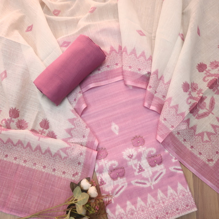 Beliya Onion Purple Spiral Work in Jamdani Insired Printed Cotton Linen Set