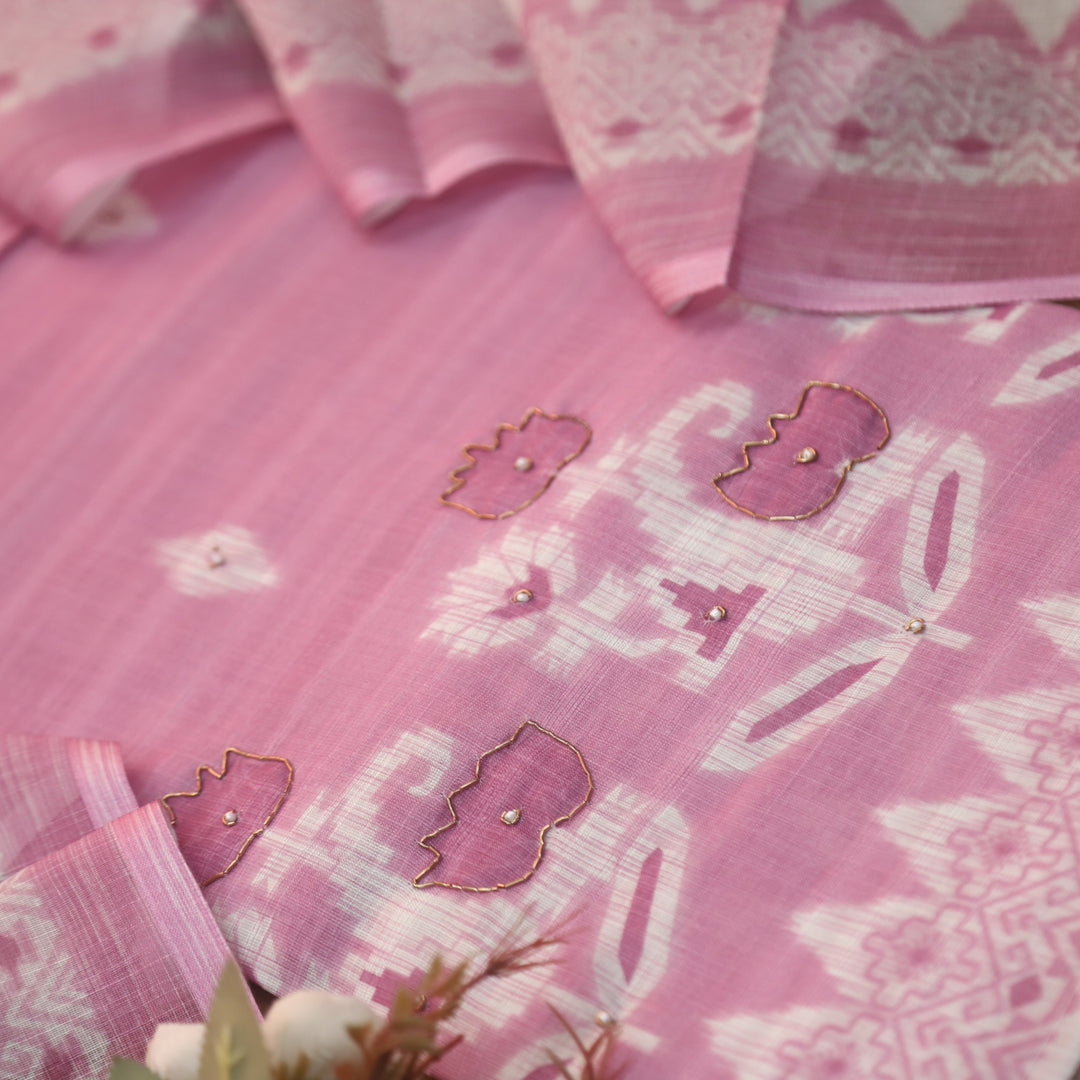 Beliya Onion Purple Spiral Work in Jamdani Insired Printed Cotton Linen Set