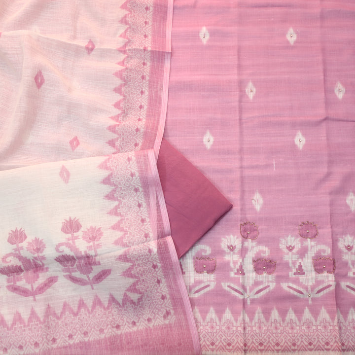Beliya Onion Purple Spiral Work in Jamdani Insired Printed Cotton Linen Set