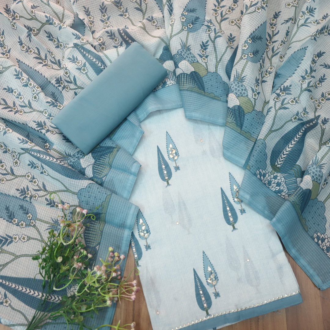 Rahi Sapphire Blue in Floral Printed and Zari with Patti Work Cotton Suit Set