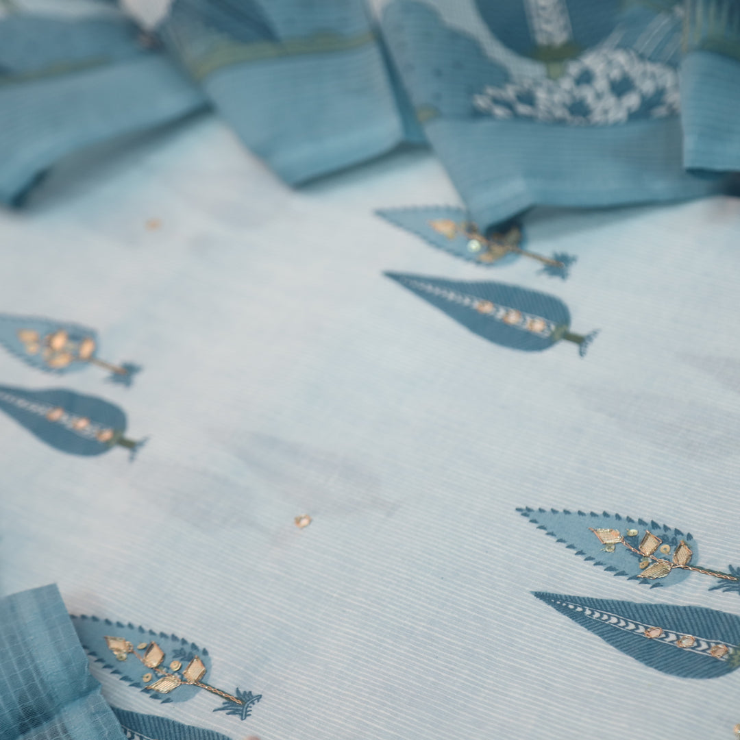 Rahi Sapphire Blue in Floral Printed and Zari with Patti Work Cotton Suit Set
