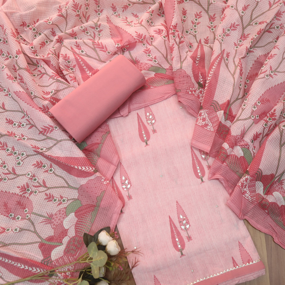 Rahi Mauve Pink in Floral Printed and Zari with Patti Work Cotton Suit Set