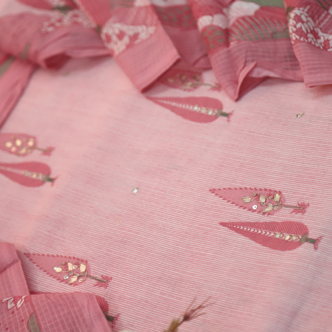 Rahi Mauve Pink in Floral Printed and Zari with Patti Work Cotton Suit Set