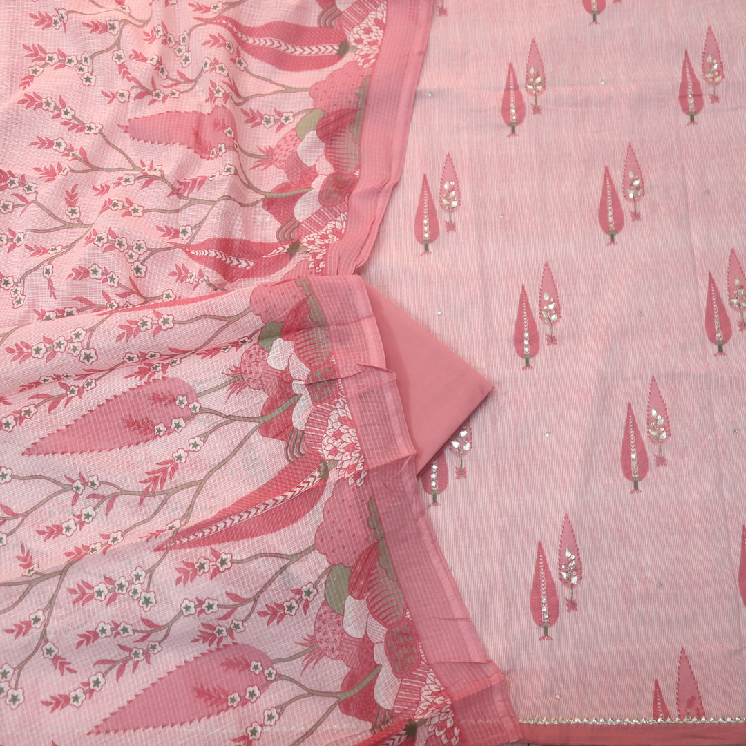Rahi Mauve Pink in Floral Printed and Zari with Patti Work Cotton Suit Set