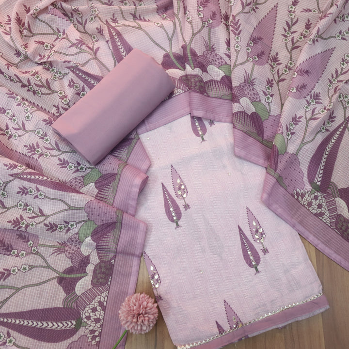 Rahi Heather Purple in Floral Printed and Zari with Patti Work Cotton Suit Set