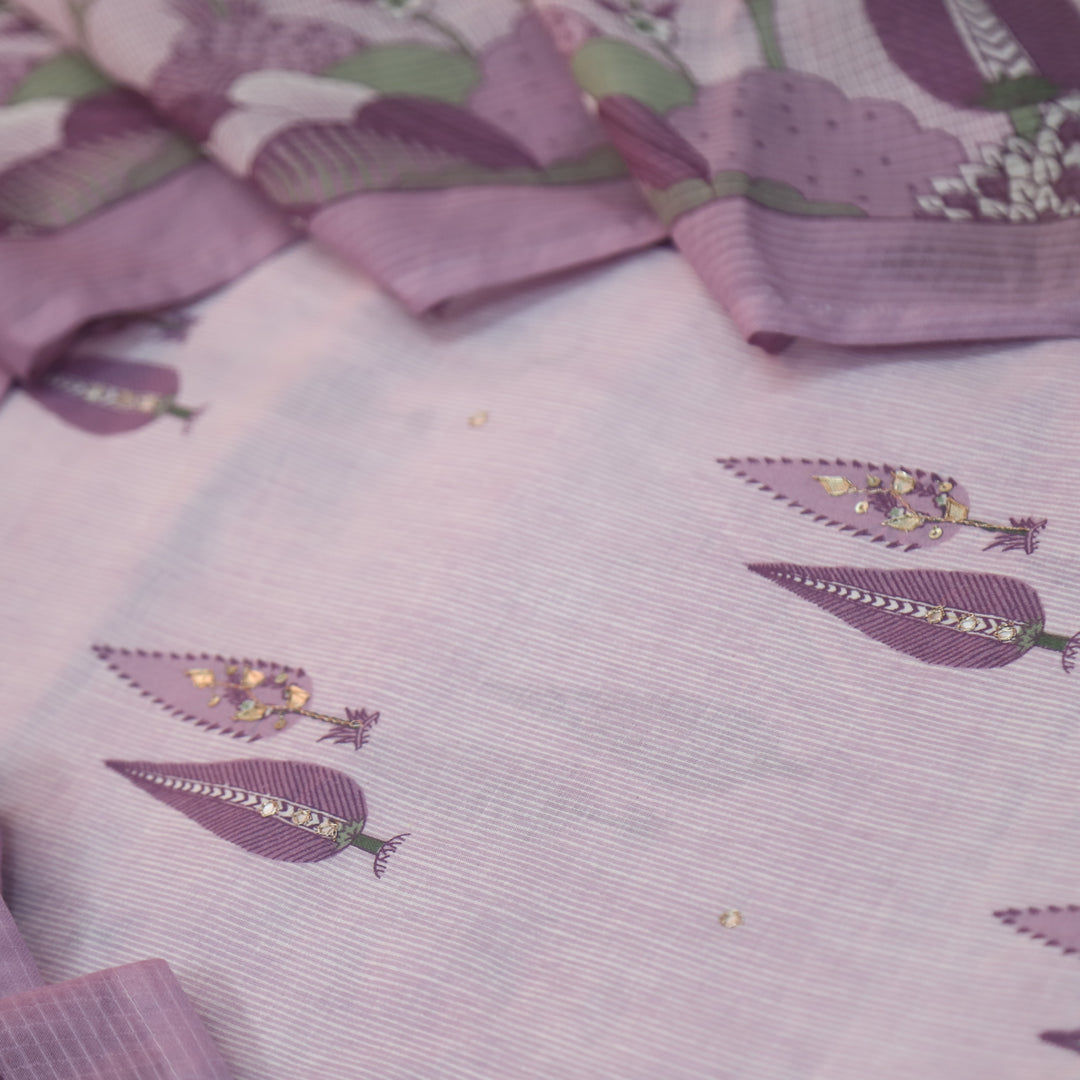 Rahi Heather Purple in Floral Printed and Zari with Patti Work Cotton Suit Set