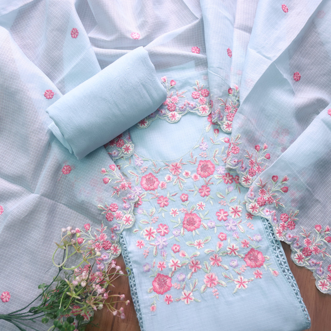 Rahiya Powder Blue Thread Embroidered Neck Work Kota Doriya Suit