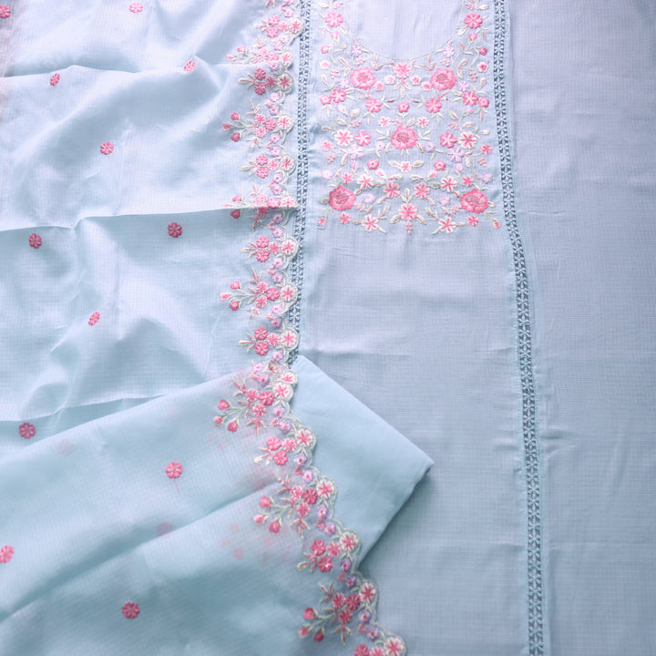 Rahiya Powder Blue Thread Embroidered Neck Work Kota Doriya Suit