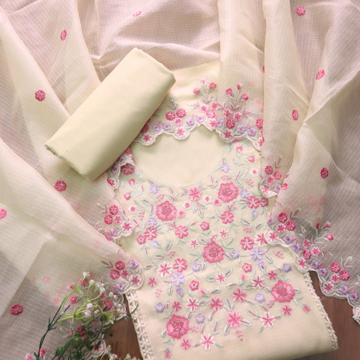 Rahiya Buttermilk Yellow Thread Embroidered Neck Work Kota Doriya Suit