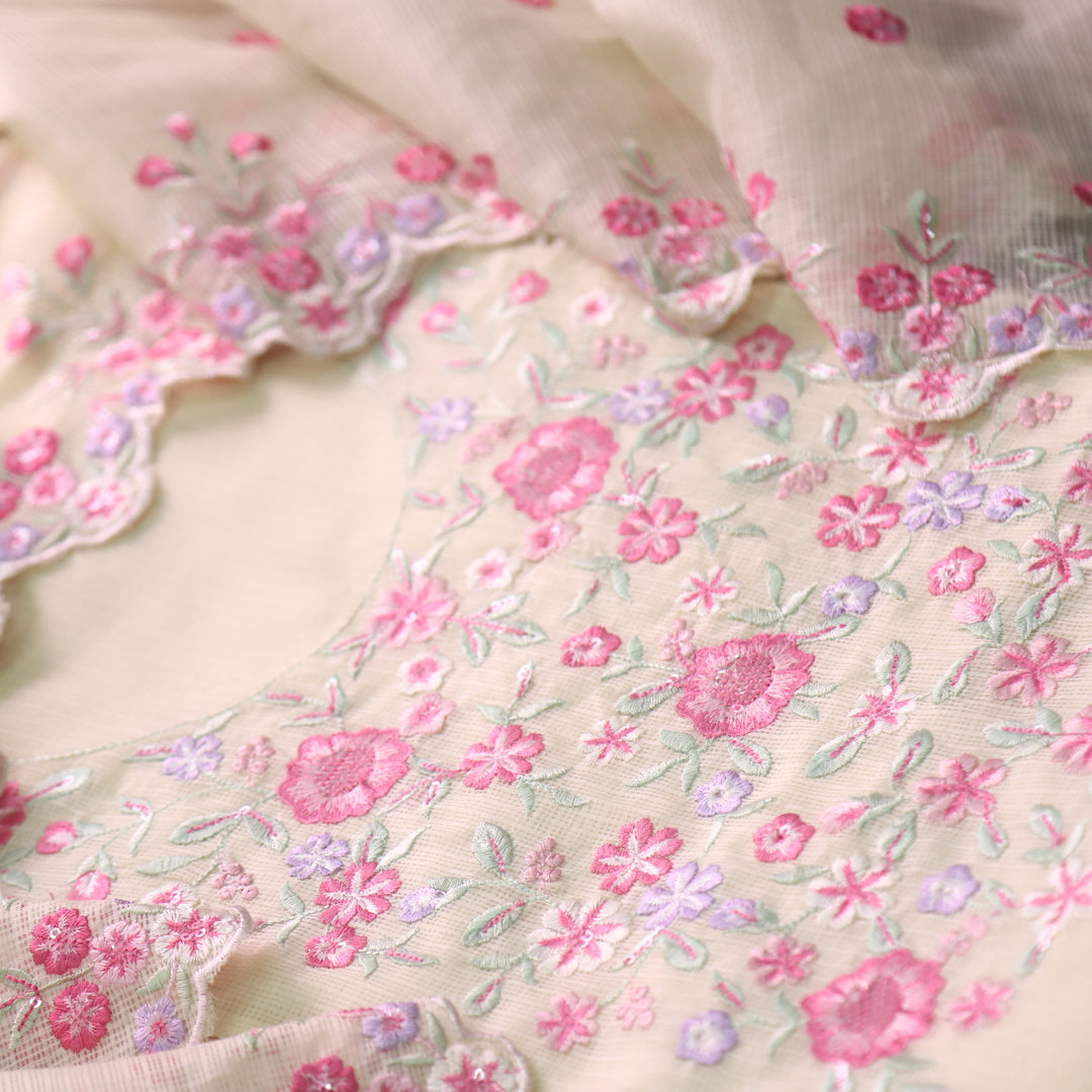 Rahiya Buttermilk Yellow Thread Embroidered Neck Work Kota Doriya Suit