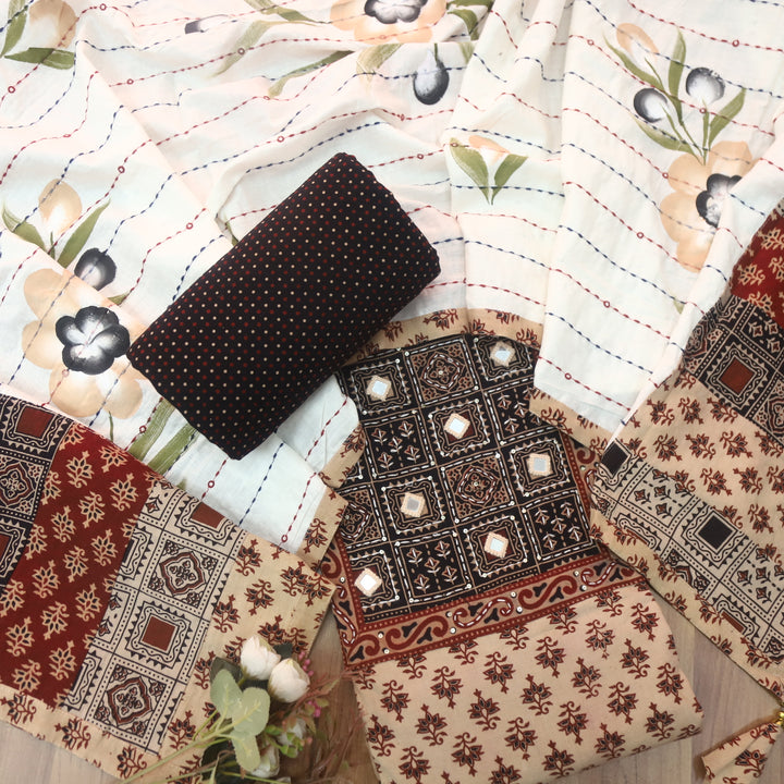 Tanhaa Beige with Black Mirro Neck Kutch Patch In Ajrak Print Cotton Suit Set