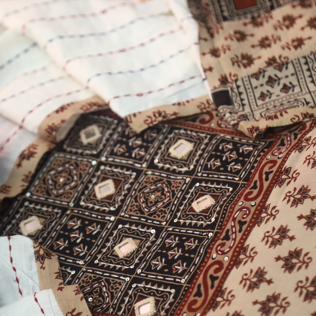 Tanhaa Beige with Black Mirro Neck Kutch Patch In Ajrak Print Cotton Suit Set