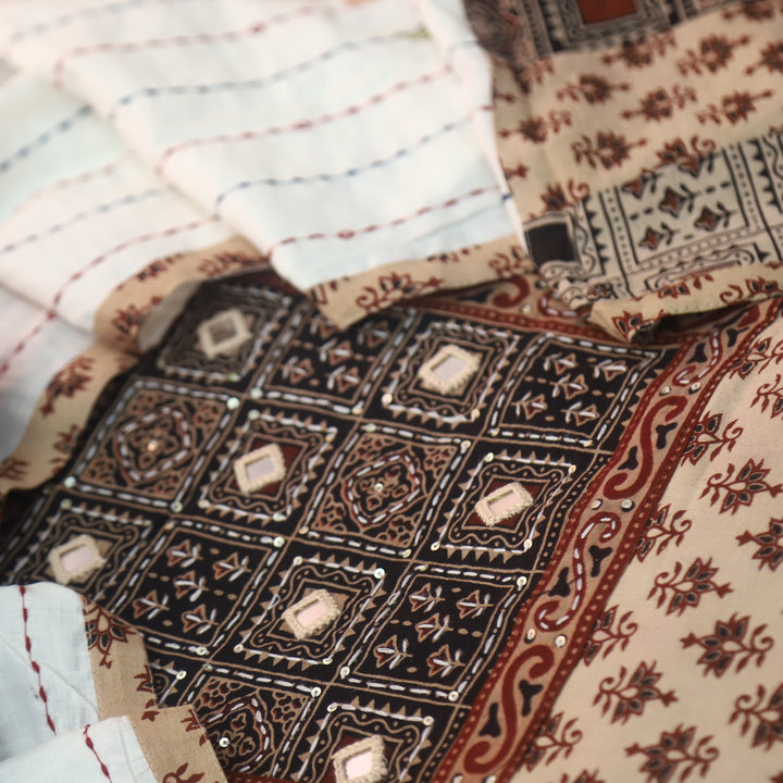 Tanhaa Beige with Black Mirro Neck Kutch Patch In Ajrak Print Cotton Suit Set