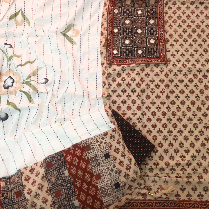 Tanhaa Beige with Black Mirro Neck Kutch Patch In Ajrak Print Cotton Suit Set