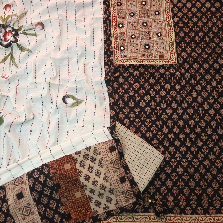 Tanhaa Oil Black Mirror Neck Kutch Patch In Ajrak Print Cotton Suit Set