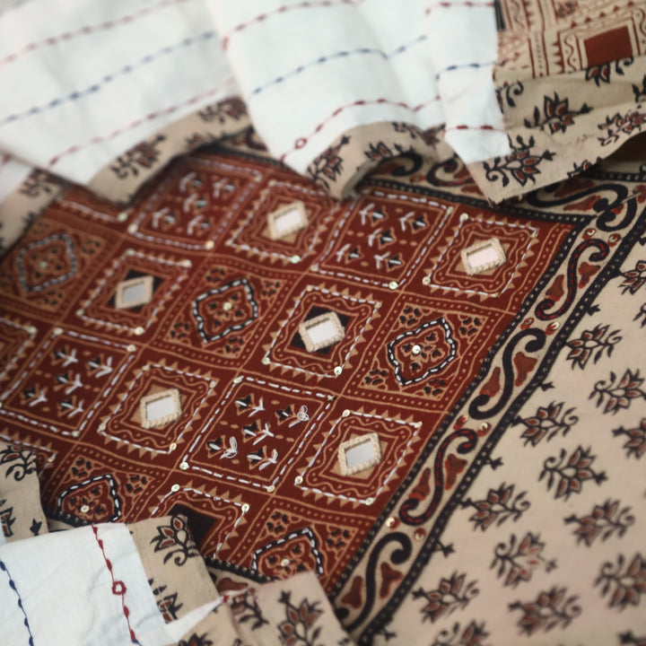 Tanhaa Beige with Red Mirror Neck Kutch Patch In Ajrak Print Cotton Suit Set