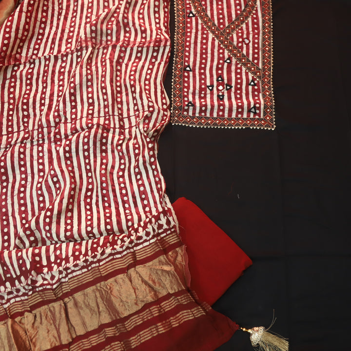 Kakaswi Paint Black Angrakha Kutch Neck Work Printed Cotton Suit Set