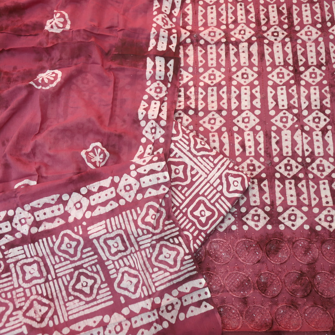 Meherba Mulberry Mauve Thread Embroidered Hem Batik Printed Cotton Suit Set