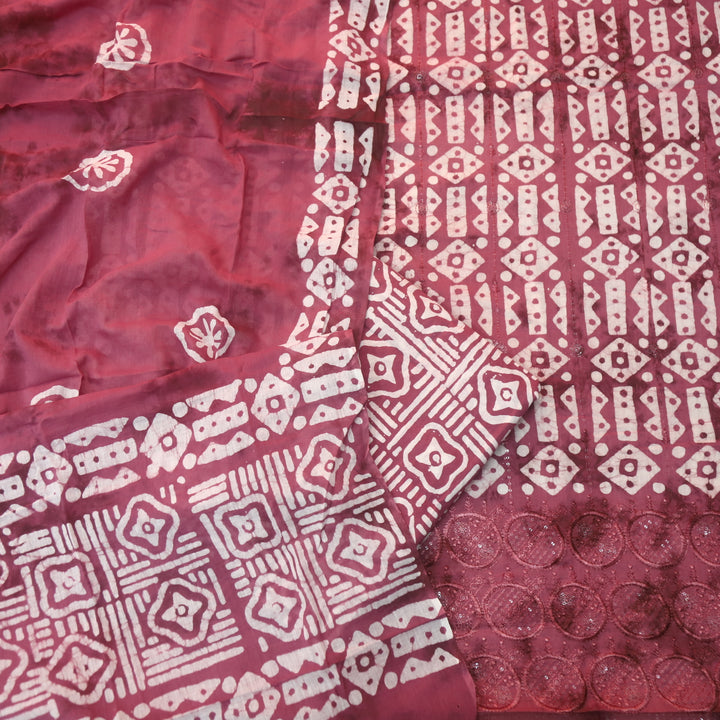 Meherba Mulberry Mauve Thread Embroidered Hem Batik Printed Cotton Suit Set