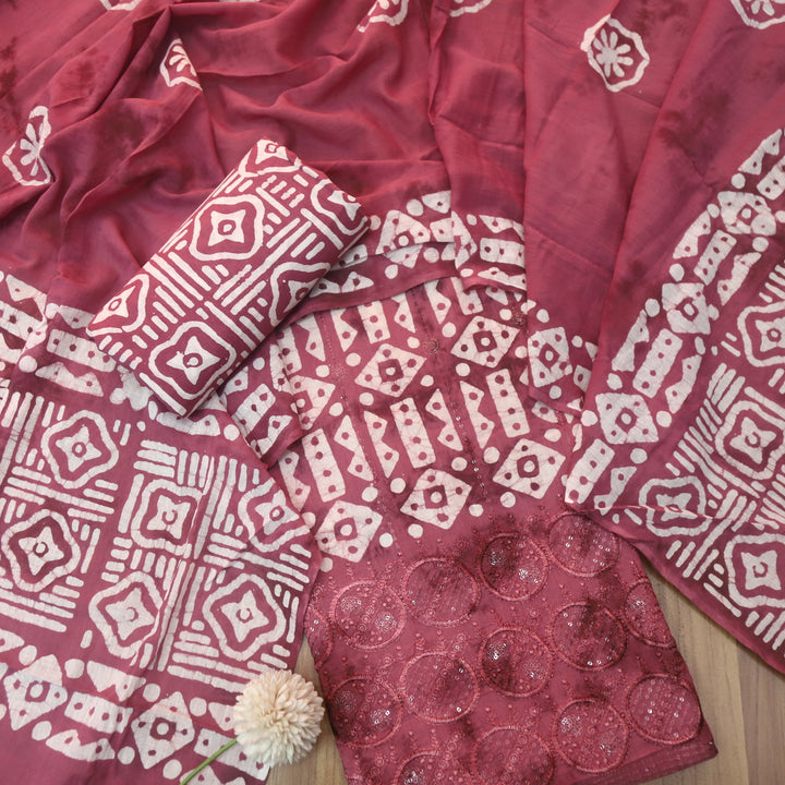 Meherba Mulberry Mauve Thread Embroidered Hem Batik Printed Cotton Suit Set