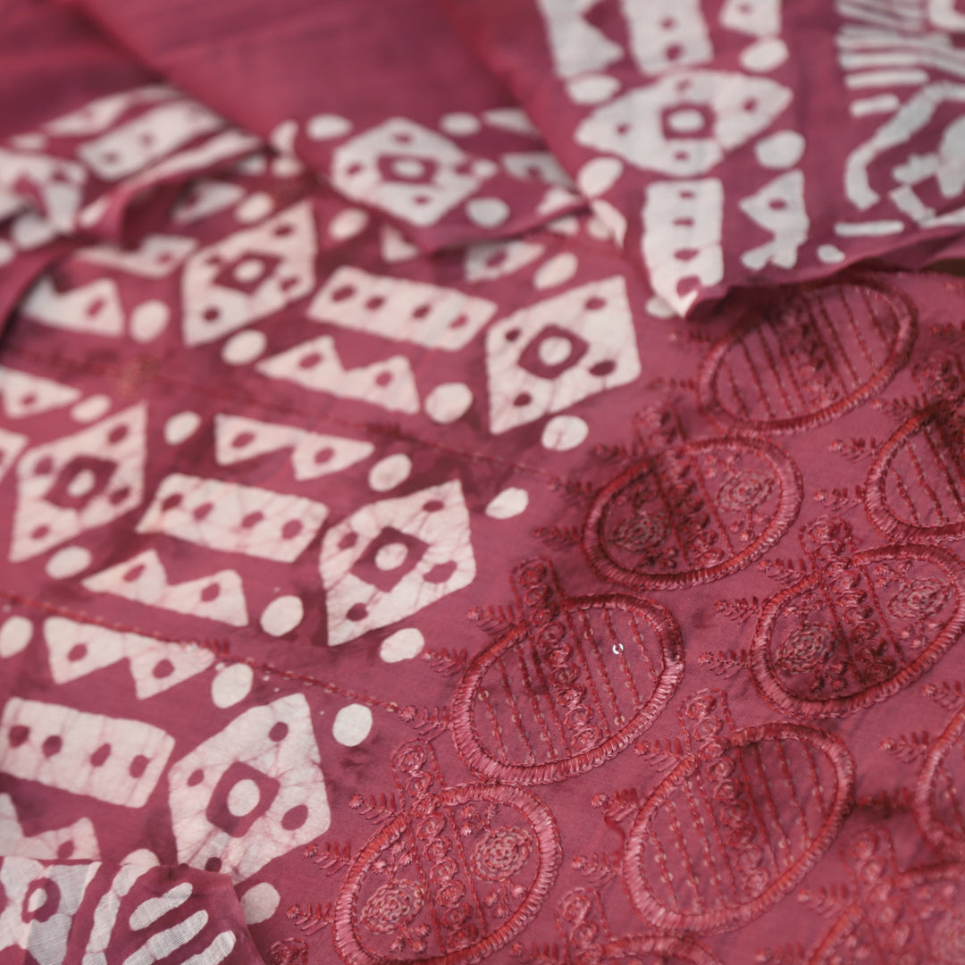 Meherba Mulberry Mauve Thread Embroidered Hem Batik Printed Cotton Suit Set