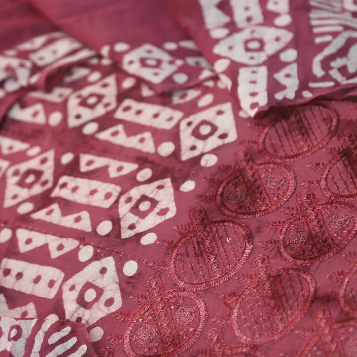 Meherba Mulberry Mauve Thread Embroidered Hem Batik Printed Cotton Suit Set