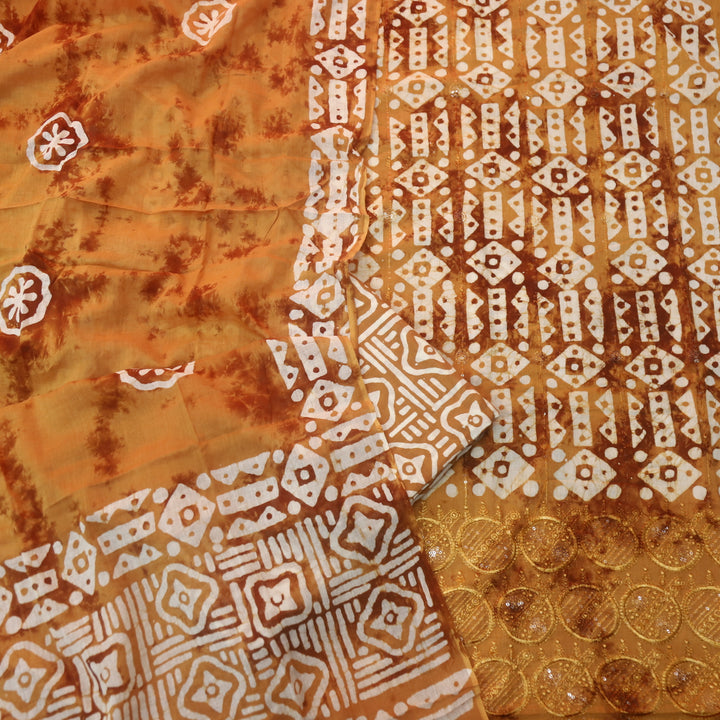 Meherba Honey Orange Thread Embroidered Hem Batik Printed Cotton Suit Set