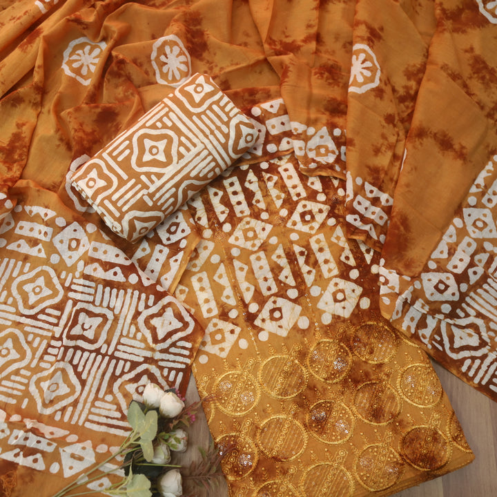 Meherba Honey Orange Thread Embroidered Hem Batik Printed Cotton Suit Set